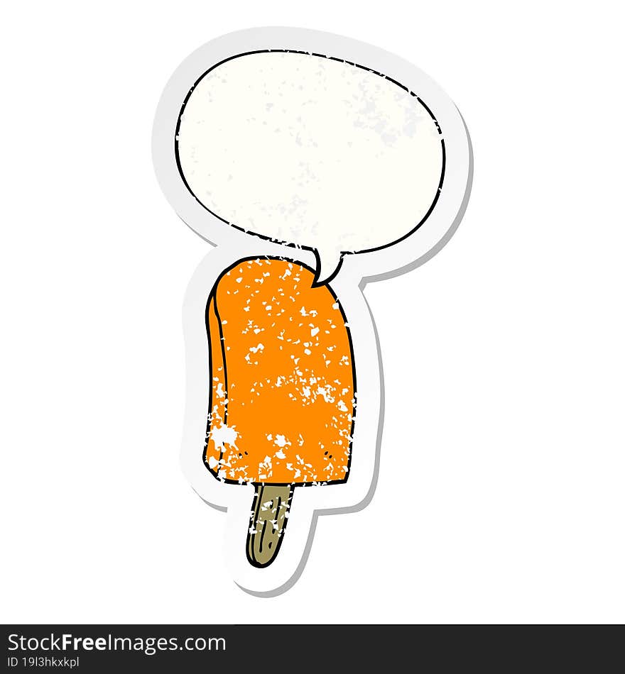 cartoon ice lolly and speech bubble distressed sticker