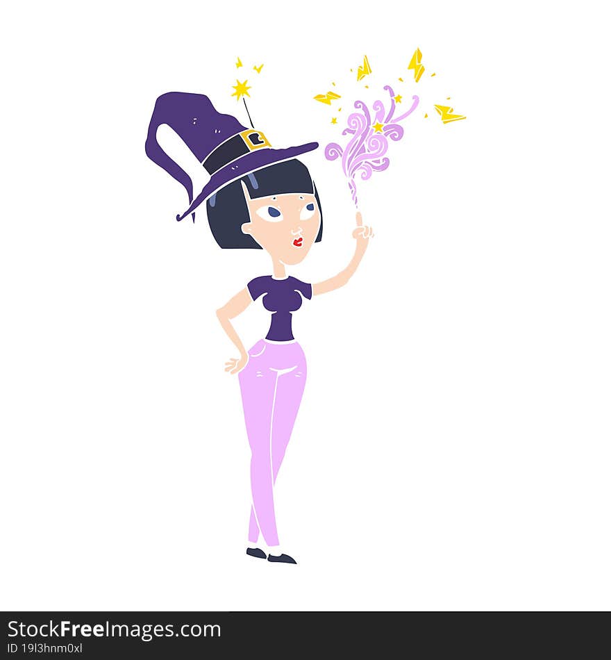 flat color illustration of a cartoon witch casting spell