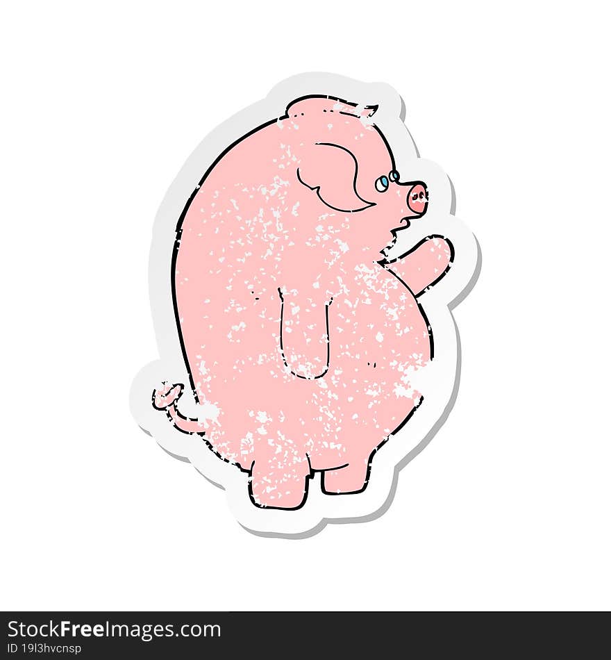 retro distressed sticker of a cartoon fat pig