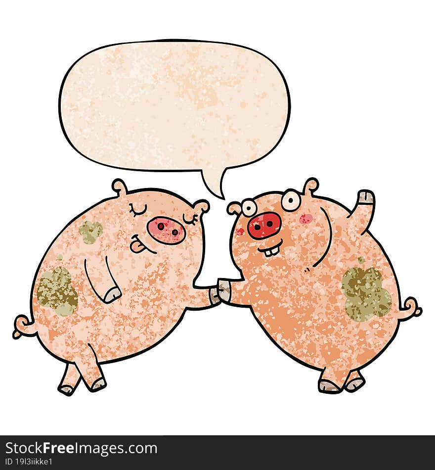 Cartoon Pigs Dancing And Speech Bubble In Retro Texture Style