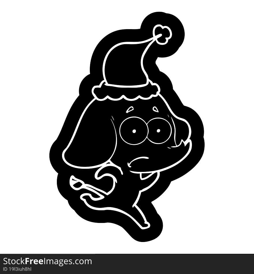 cartoon icon of a unsure elephant running away wearing santa hat