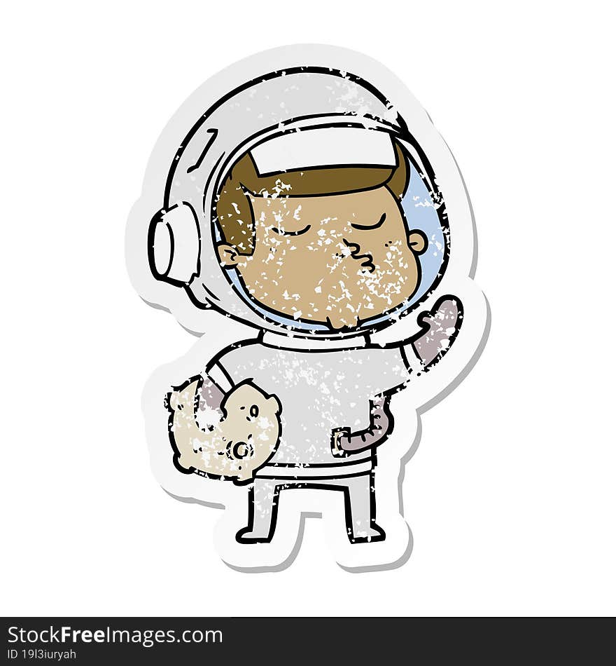 Distressed Sticker Of A Cartoon Confident Astronaut