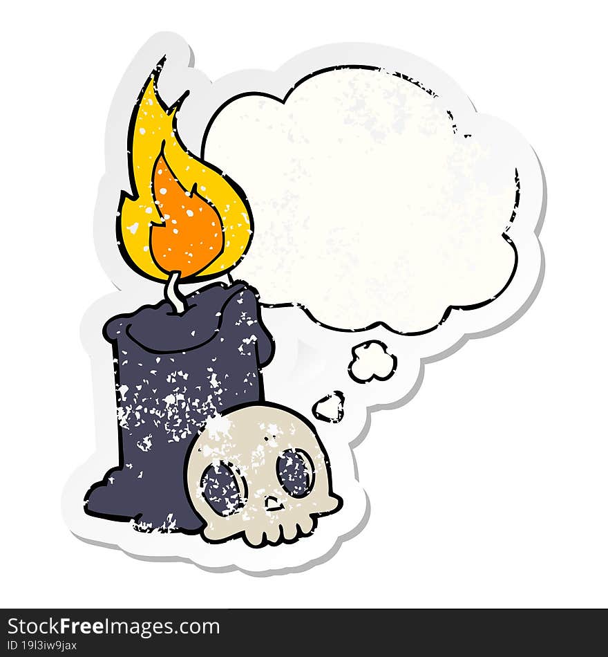 cartoon skull and candle and thought bubble as a distressed worn sticker