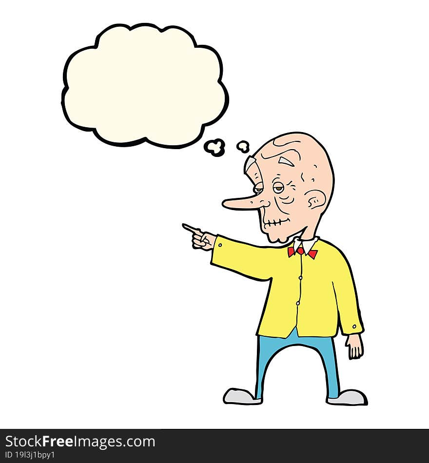 cartoon old man pointing with thought bubble