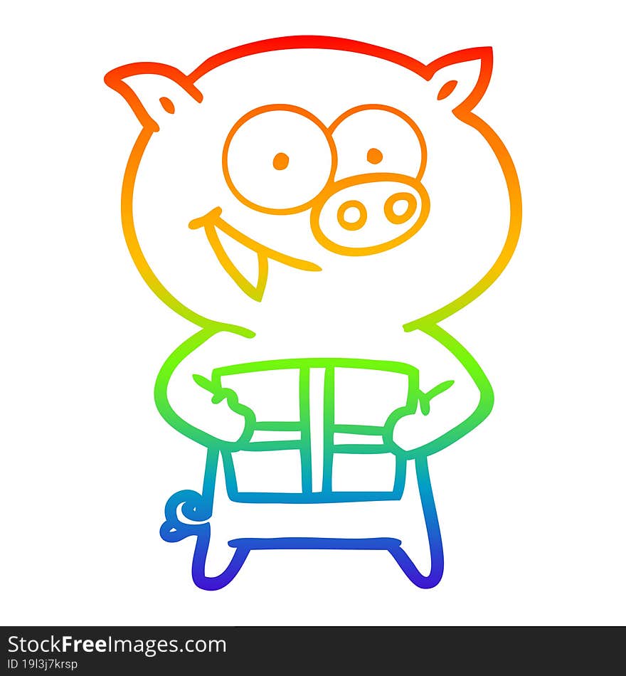 rainbow gradient line drawing of a cheerful pig with christmas gift