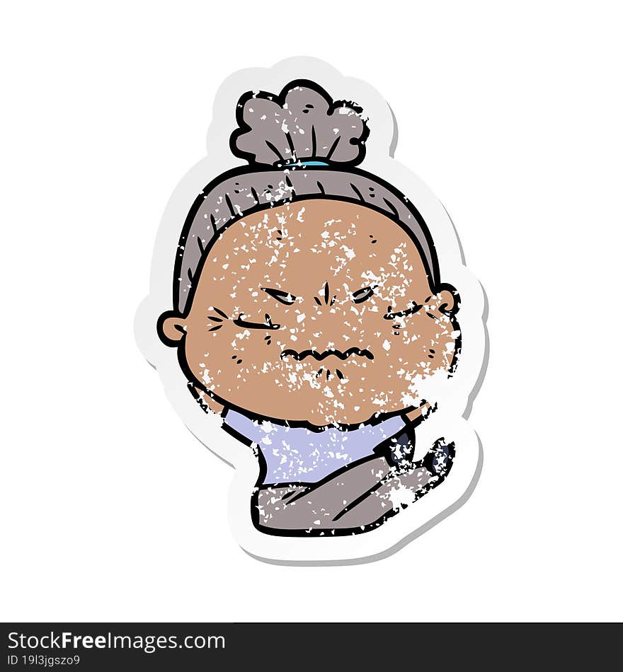 Distressed Sticker Of A Cartoon Annoyed Old Lady