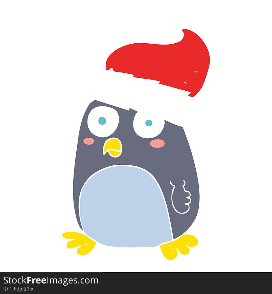 flat color illustration of a cartoon penguin in christmas hat