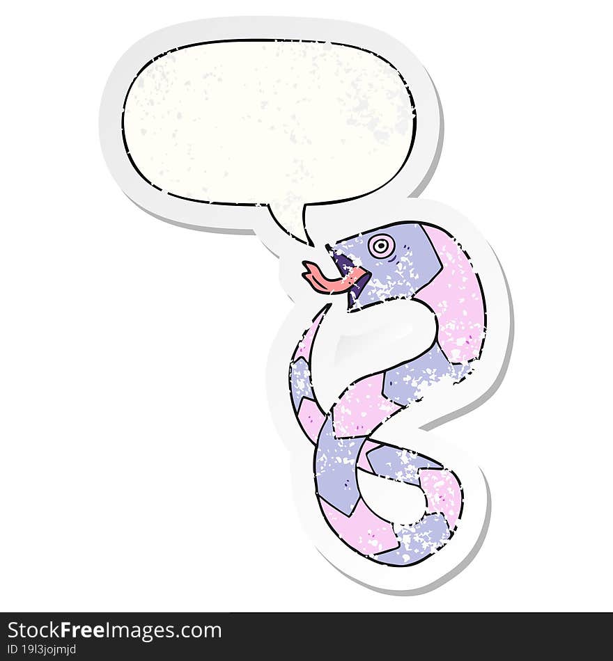 hissing cartoon snake and speech bubble distressed sticker