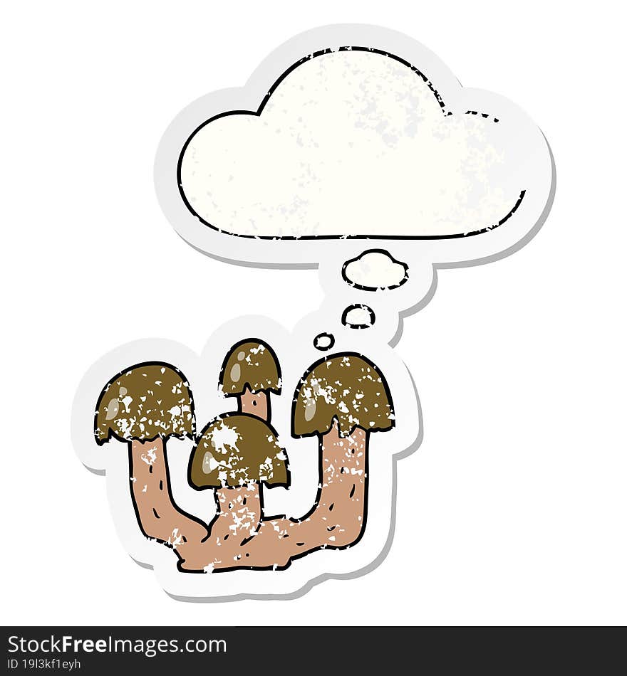 cartoon mushrooms with thought bubble as a distressed worn sticker