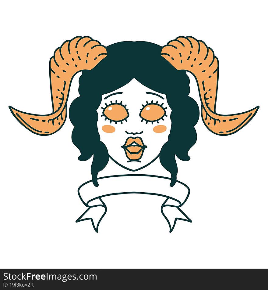 Tiefling Character Face With Scroll Banner Illustration