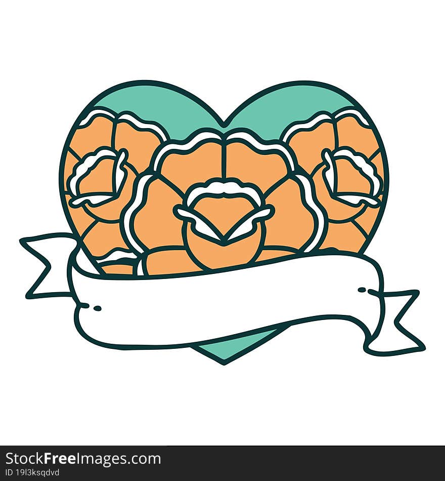 Tattoo Style Icon Of A Heart And Banner With Flowers