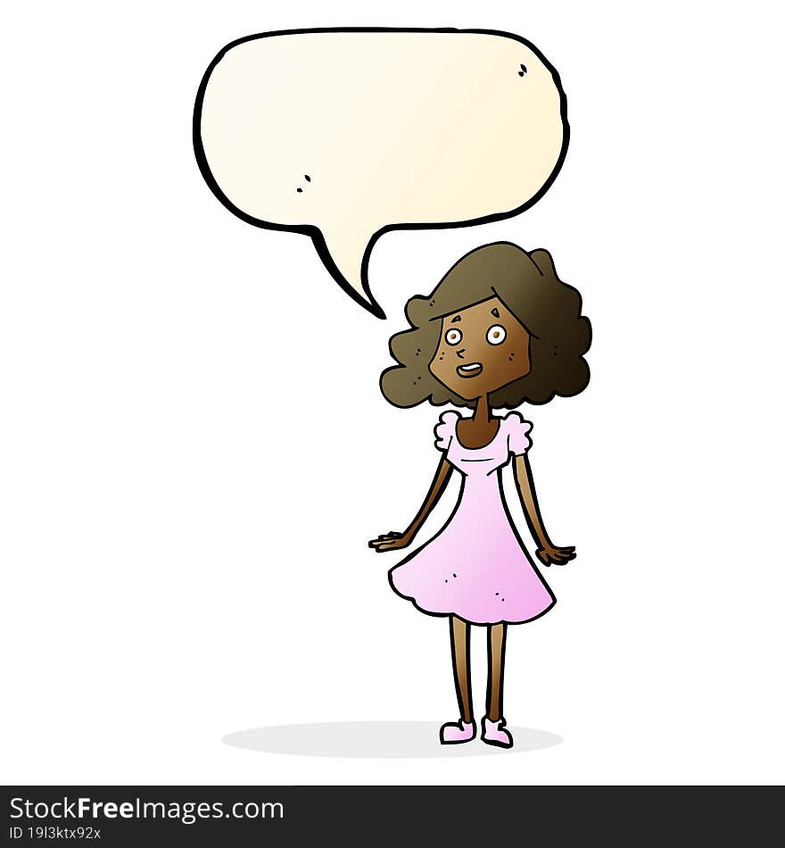 cartoon happy woman in dress with speech bubble