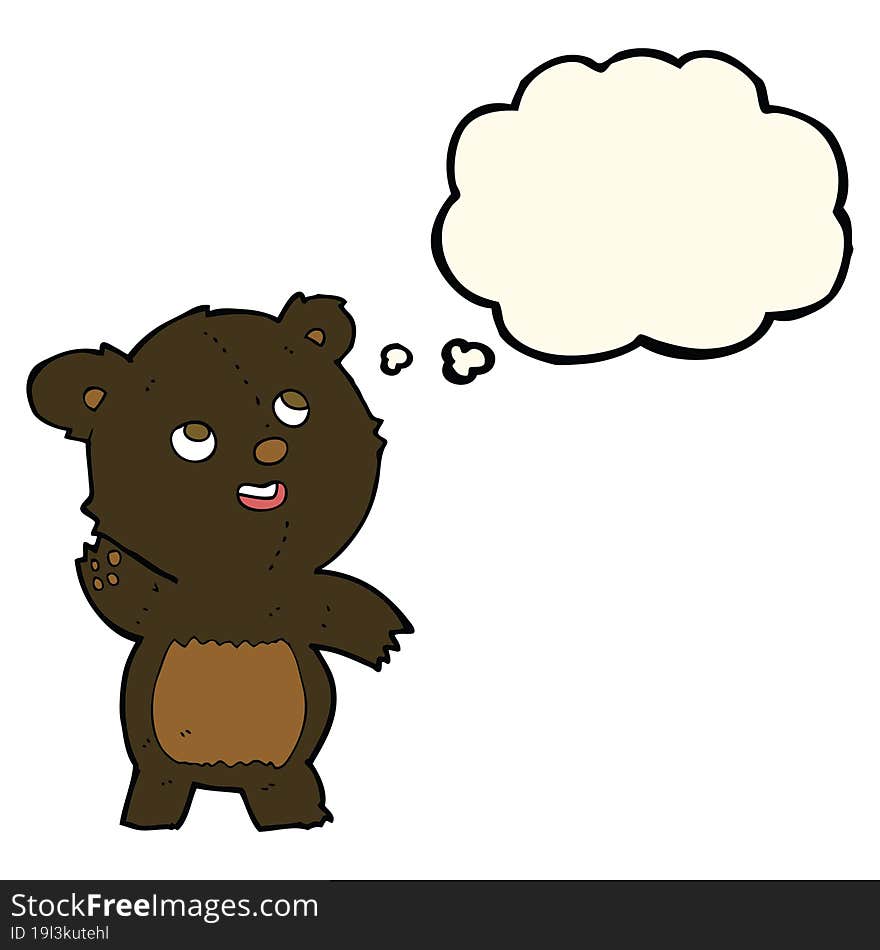 Cartoon Cute Waving Black Bear Teddy With Thought Bubble