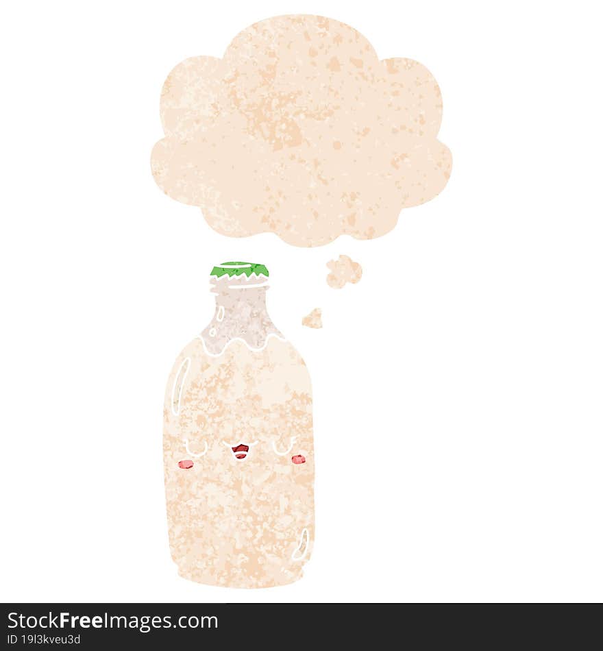 Cute Cartoon Milk Bottle And Thought Bubble In Retro Textured Style