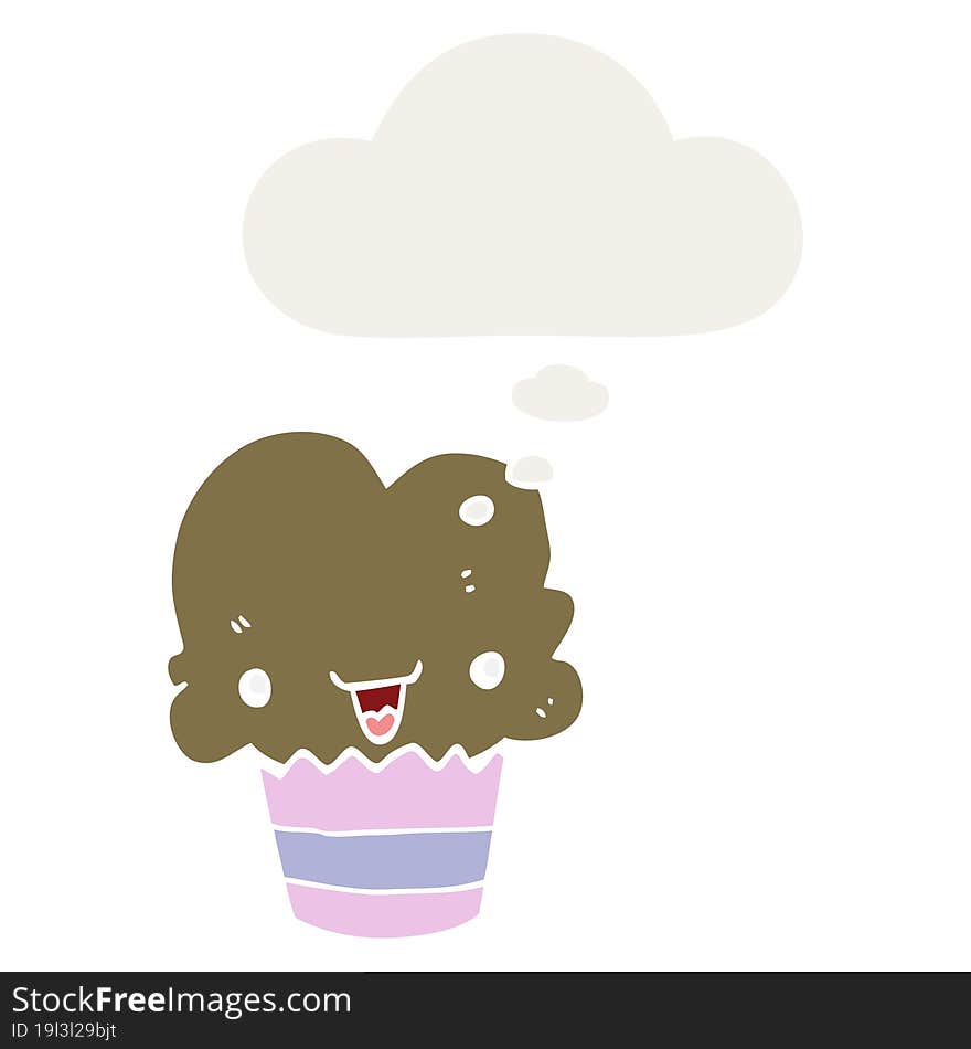 cartoon cupcake with face with thought bubble in retro style