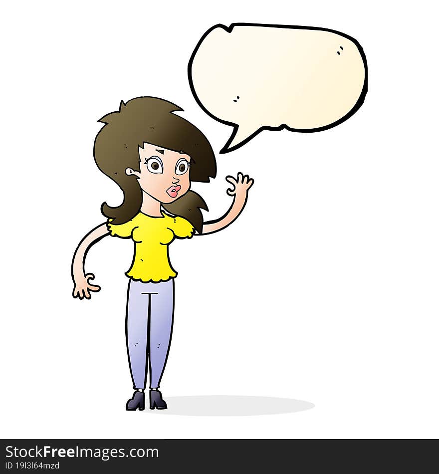 cartoon pretty woman waving with speech bubble