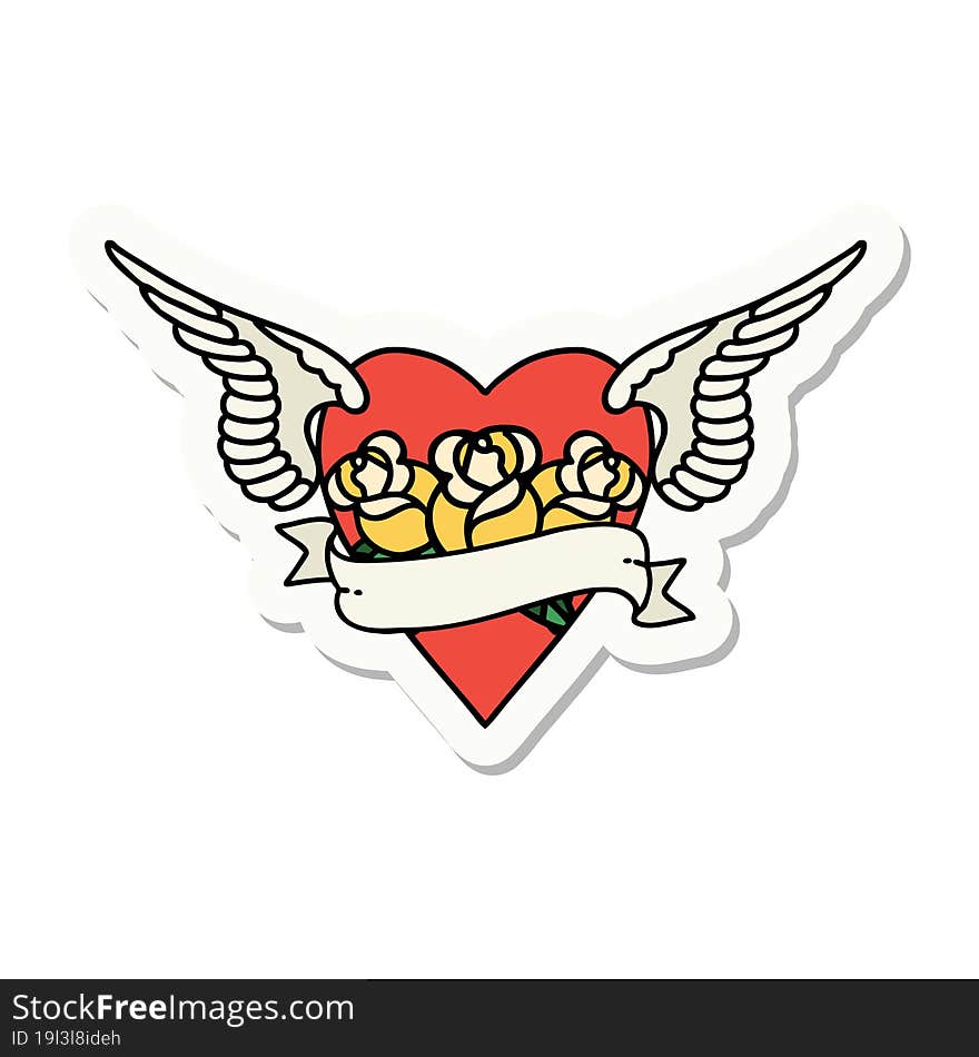 tattoo style sticker of a heart with wings flowers and banner