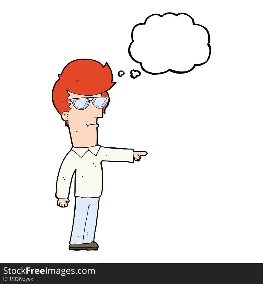 cartoon man in glasses pointing with thought bubble