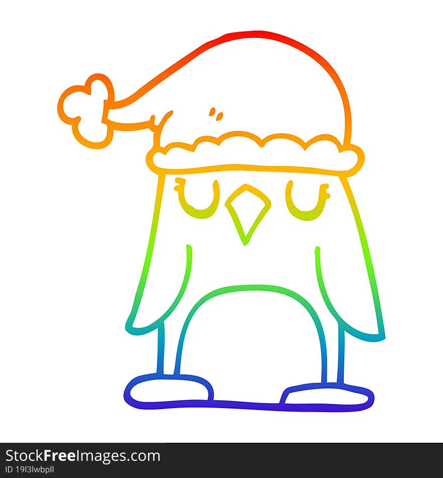 rainbow gradient line drawing cartoon penguin wearing christmas hat