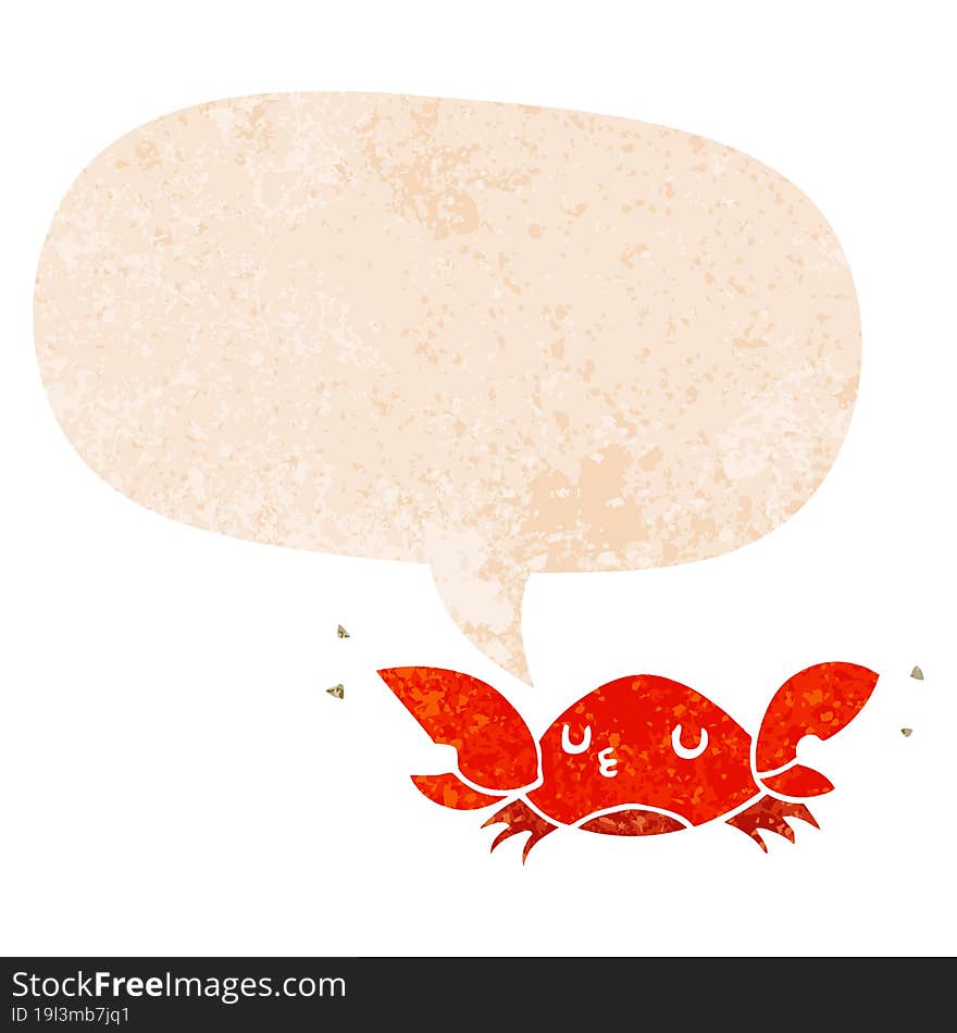 cartoon crab and speech bubble in retro textured style