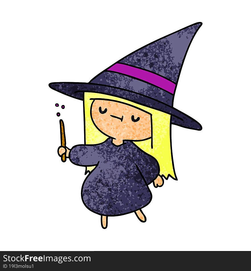 textured cartoon of a cute kawaii witch girl