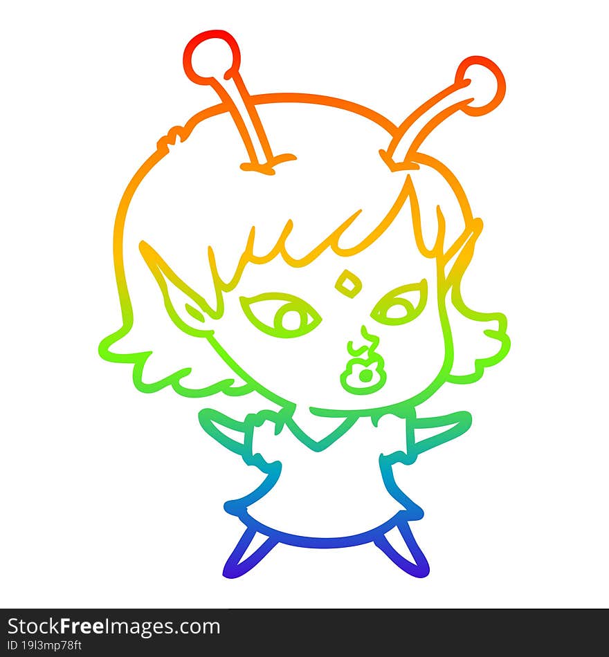 Rainbow Gradient Line Drawing Pretty Cartoon Alien Girl