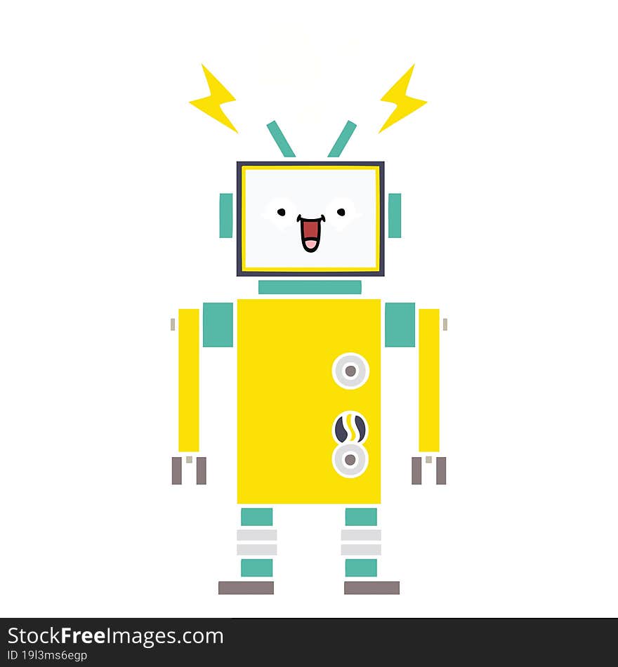 flat color retro cartoon of a happy robot