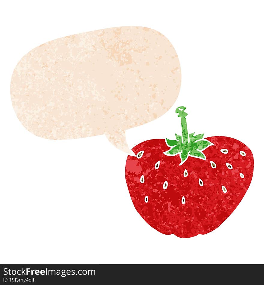 cartoon strawberry and speech bubble in retro textured style