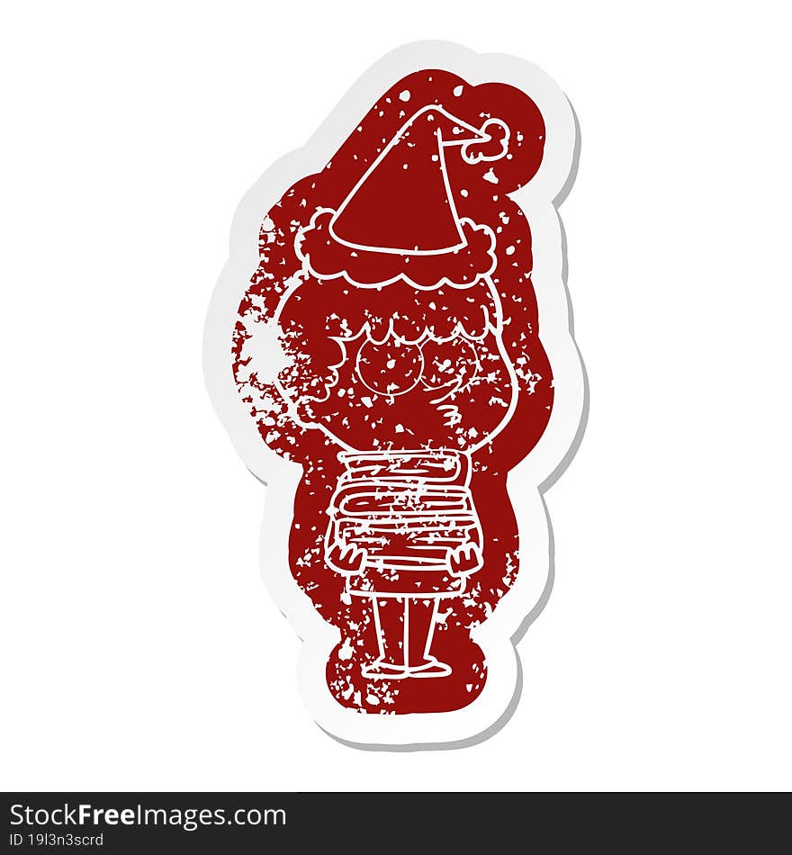 Cartoon Distressed Sticker Of A Curious Boy With Lots Of Books Wearing Santa Hat