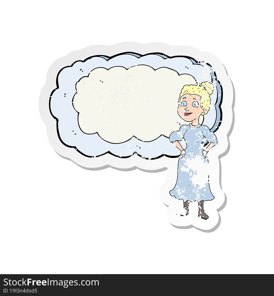 Retro Distressed Sticker Of A Cartoon Victorian Woman In Dress