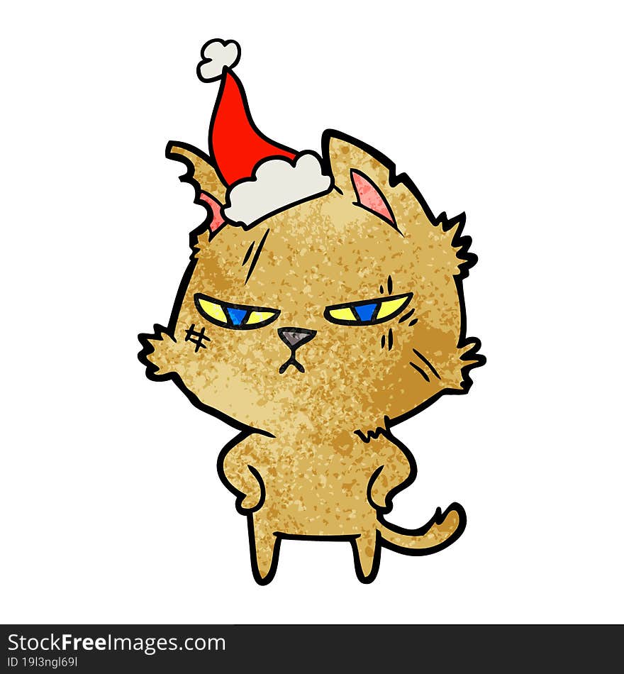 tough textured cartoon of a cat wearing santa hat