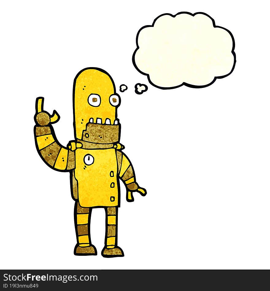 cartoon waving gold robot with thought bubble