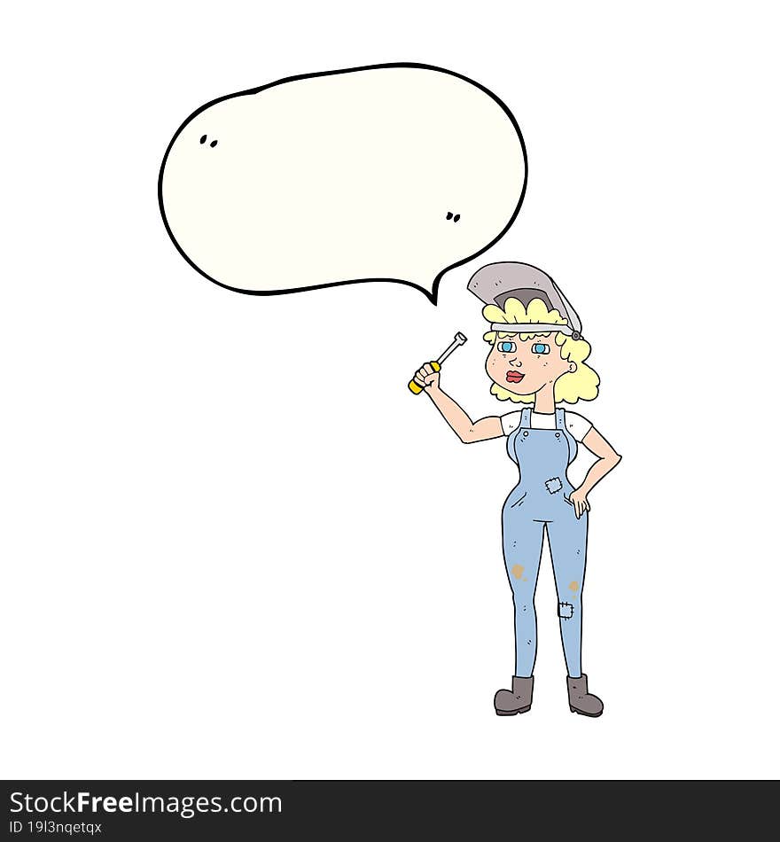 freehand drawn speech bubble cartoon female mechanic