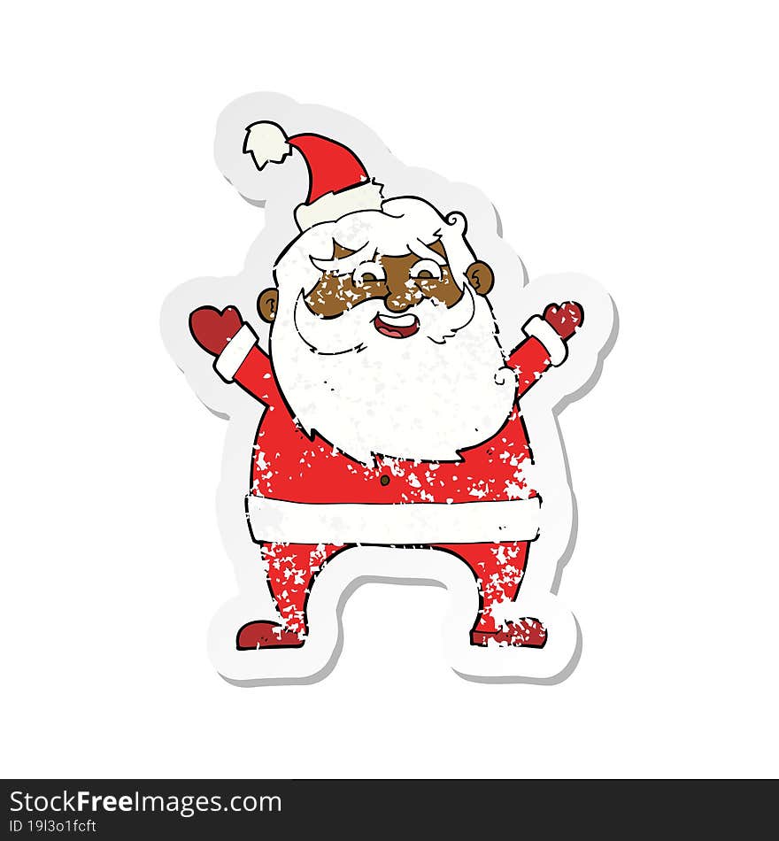 retro distressed sticker of a jolly santa cartoon