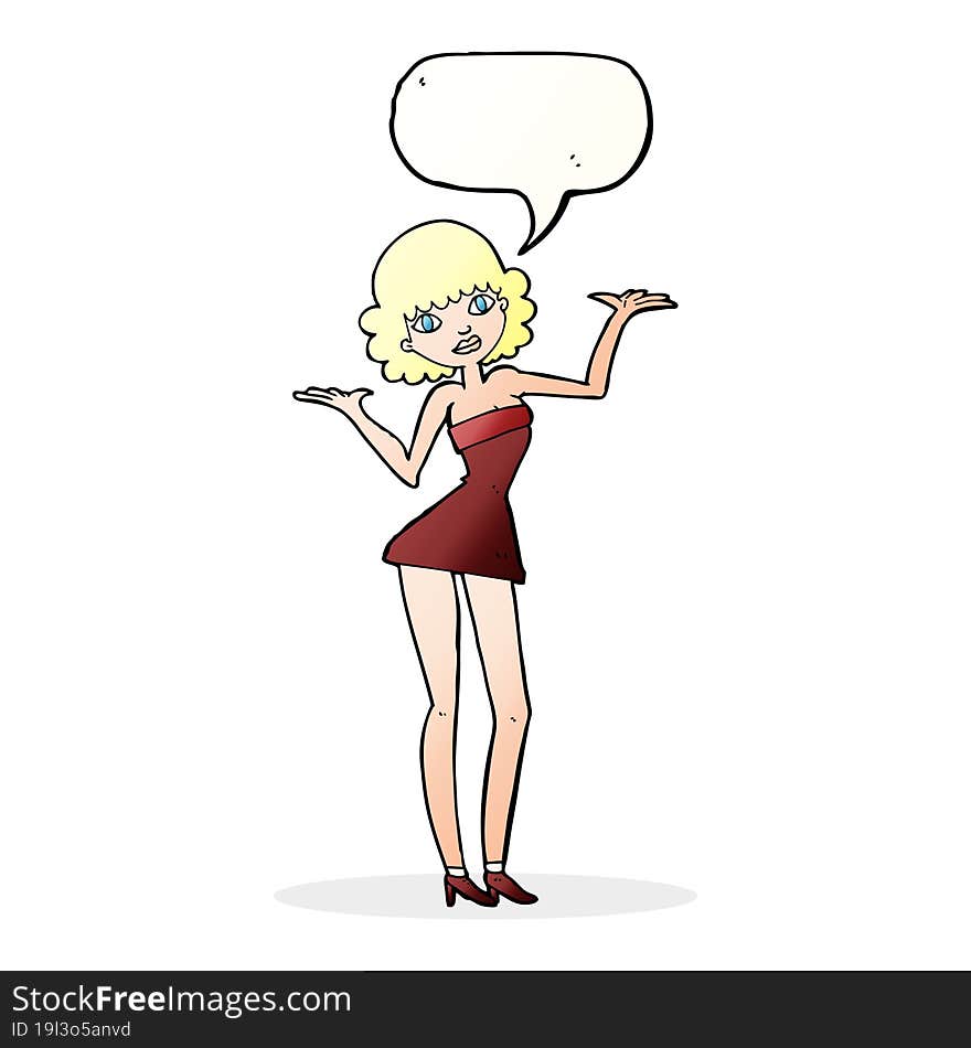 cartoon woman in cocktail dress with speech bubble