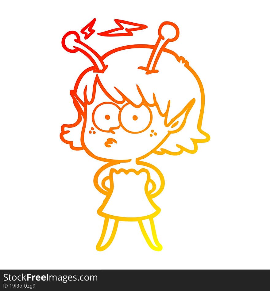 warm gradient line drawing of a cartoon alien girl