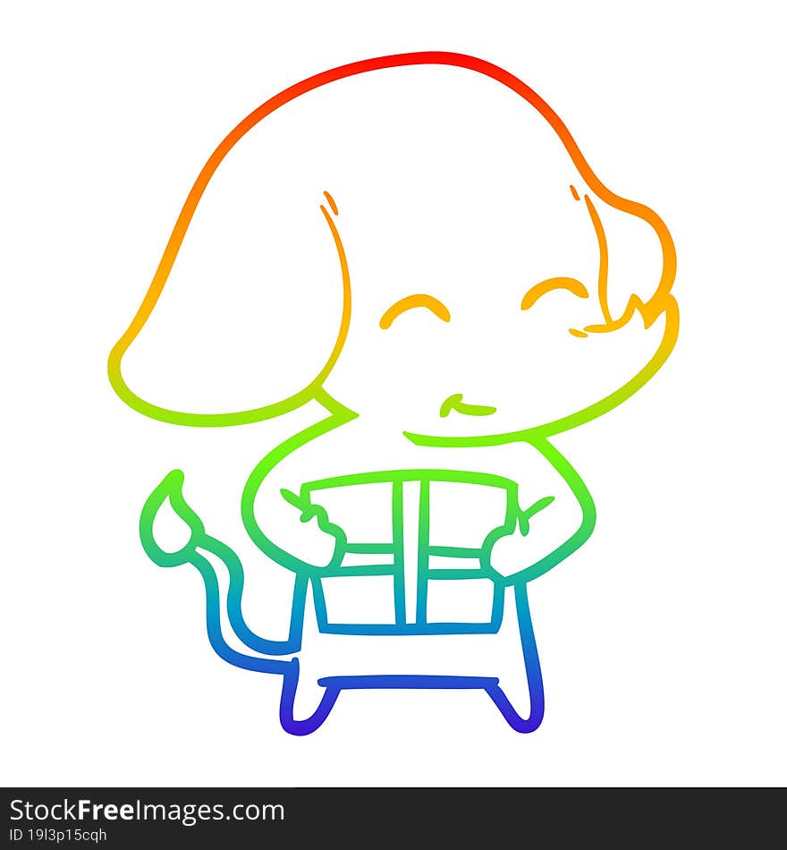 rainbow gradient line drawing cute cartoon elephant with gift