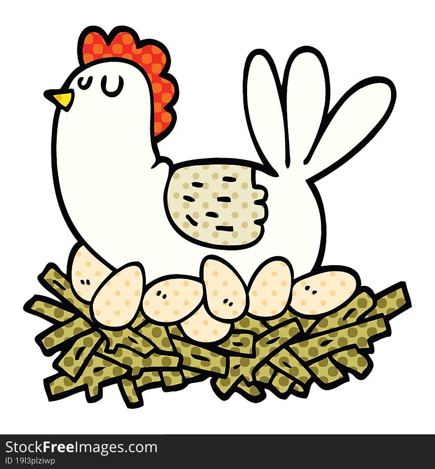 comic book style cartoon chicken on nest of eggs