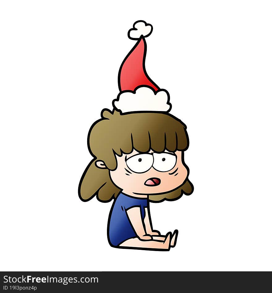 gradient cartoon of a tired woman wearing santa hat