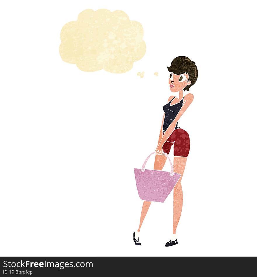 cartoon attractive woman shopping with thought bubble