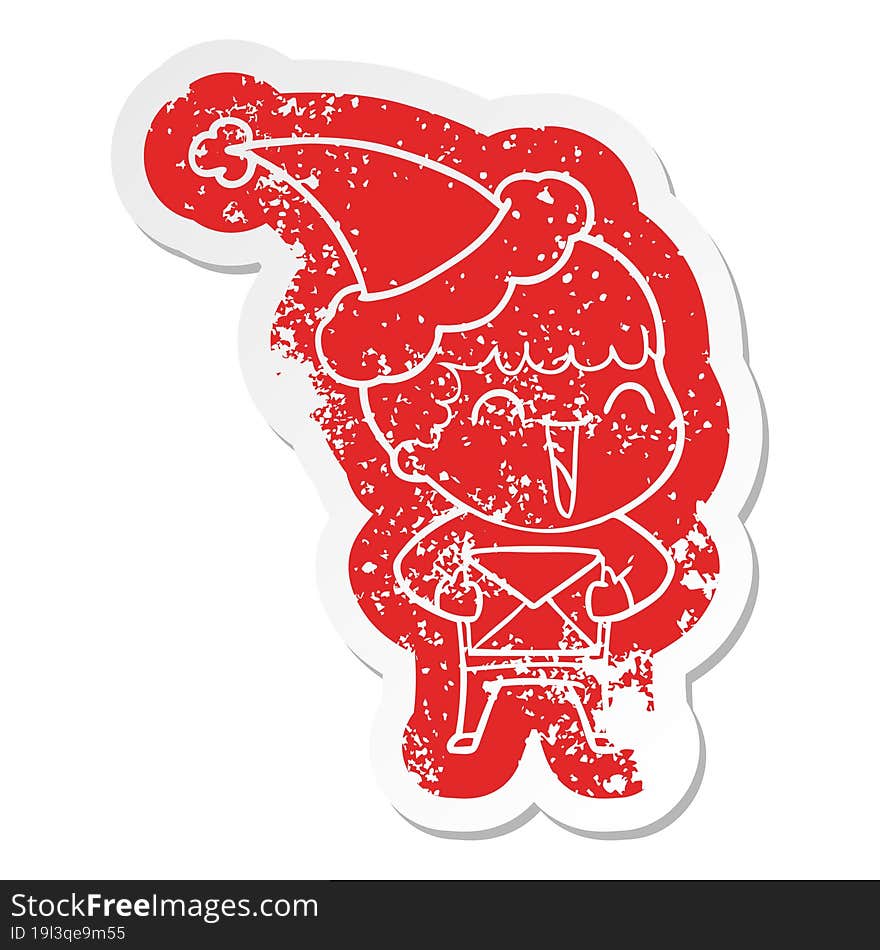 quirky cartoon distressed sticker of a happy man wearing santa hat