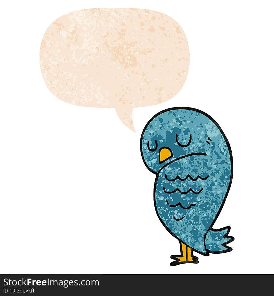 cartoon bird and speech bubble in retro textured style