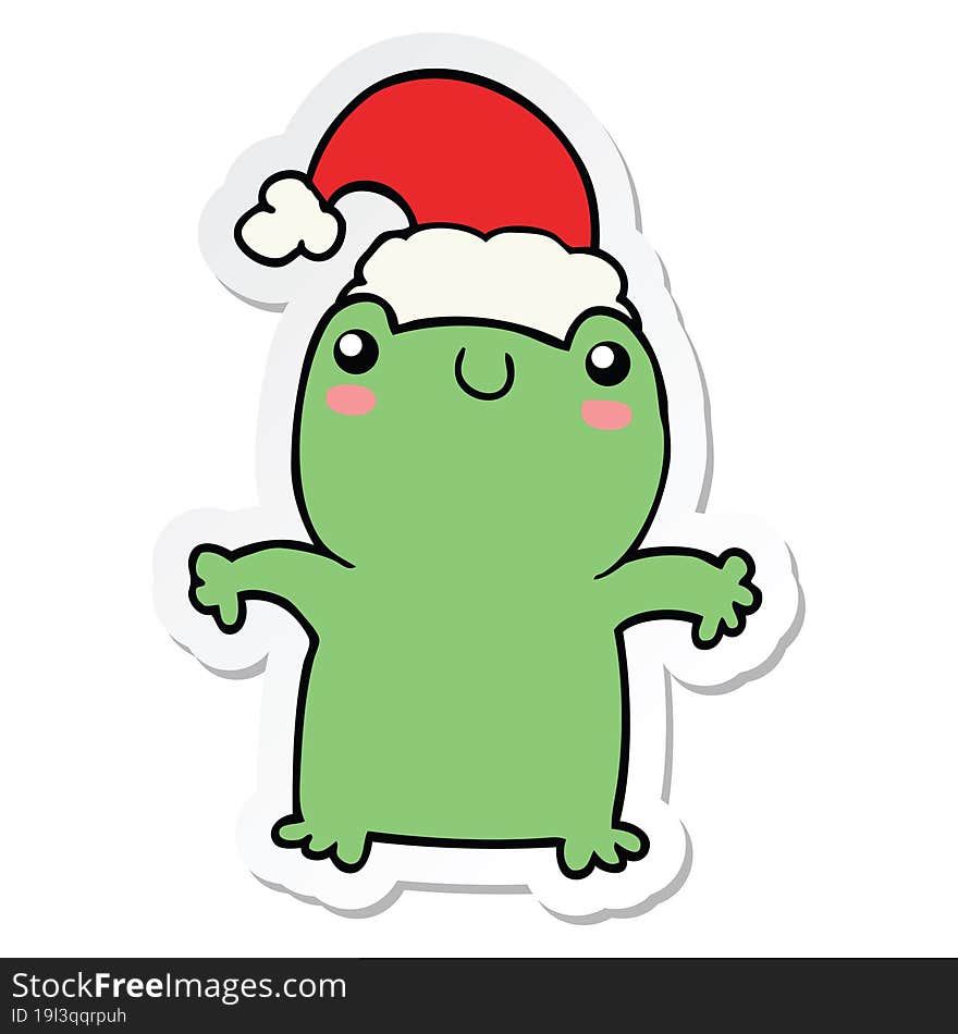 Sticker Of A Cute Cartoon Frog Wearing Christmas Hat