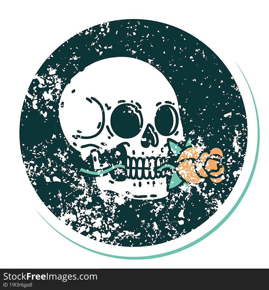 iconic distressed sticker tattoo style image of a skull and rose. iconic distressed sticker tattoo style image of a skull and rose