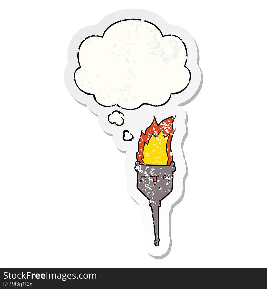 cartoon flaming chalice and thought bubble as a distressed worn sticker