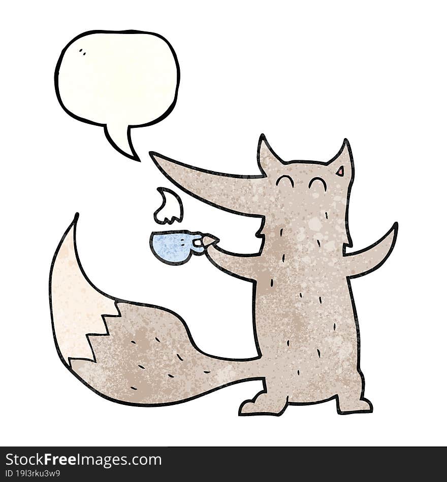 freehand speech bubble textured cartoon wolf with coffee cup