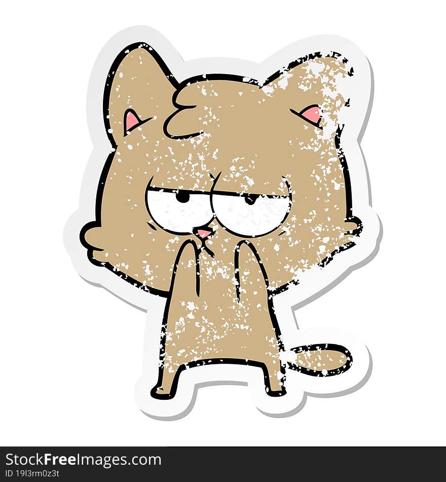 Distressed Sticker Of A Bored Cartoon Cat