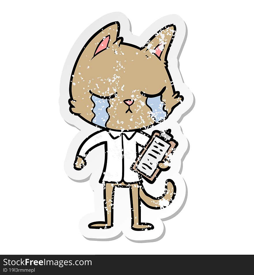 distressed sticker of a crying cartoon business cat