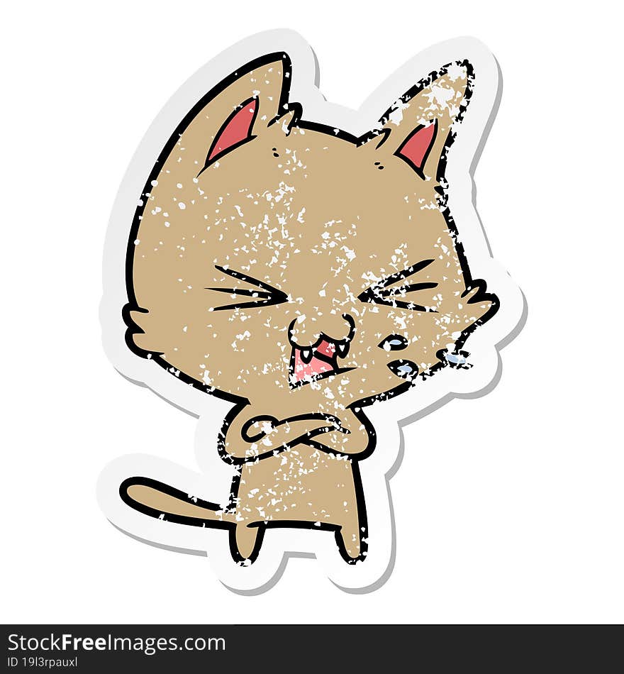 Distressed Sticker Of A Cartoon Cat Hissing