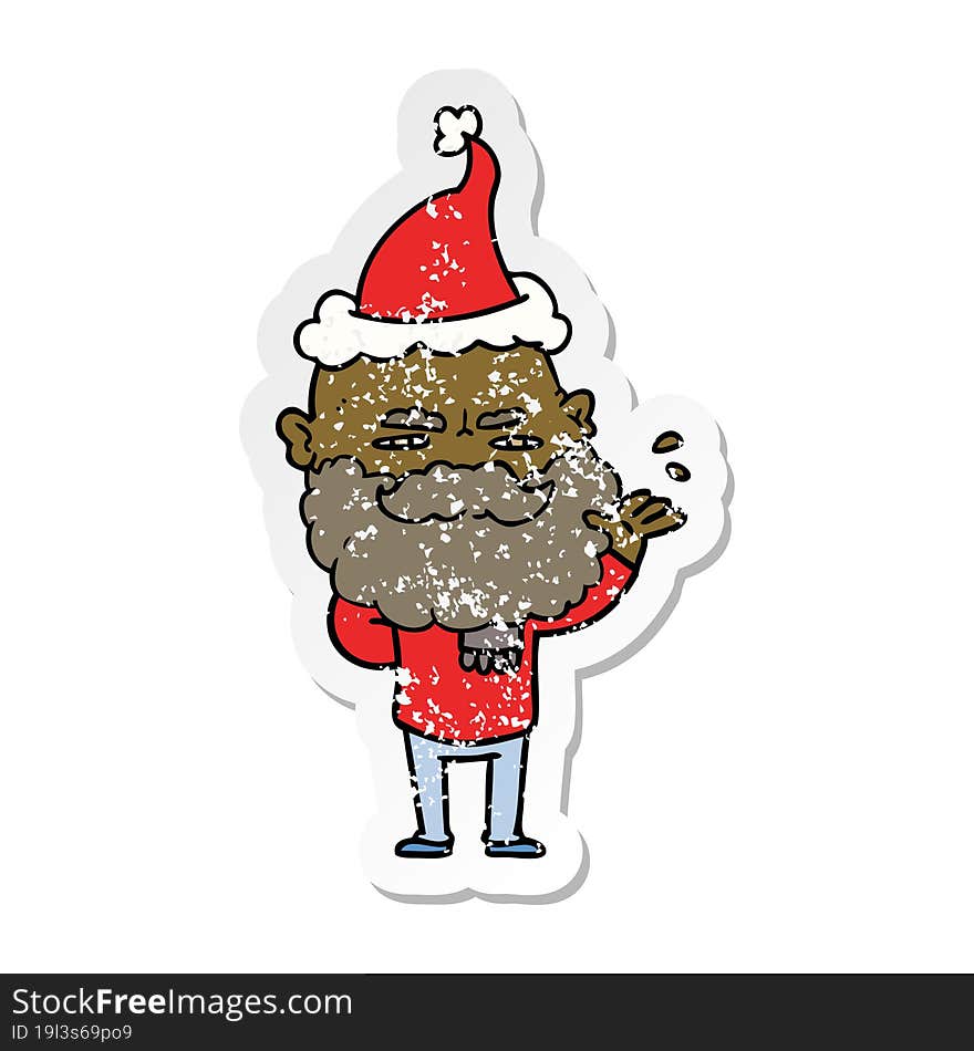 distressed sticker cartoon of a dismissive man with beard frowning wearing santa hat